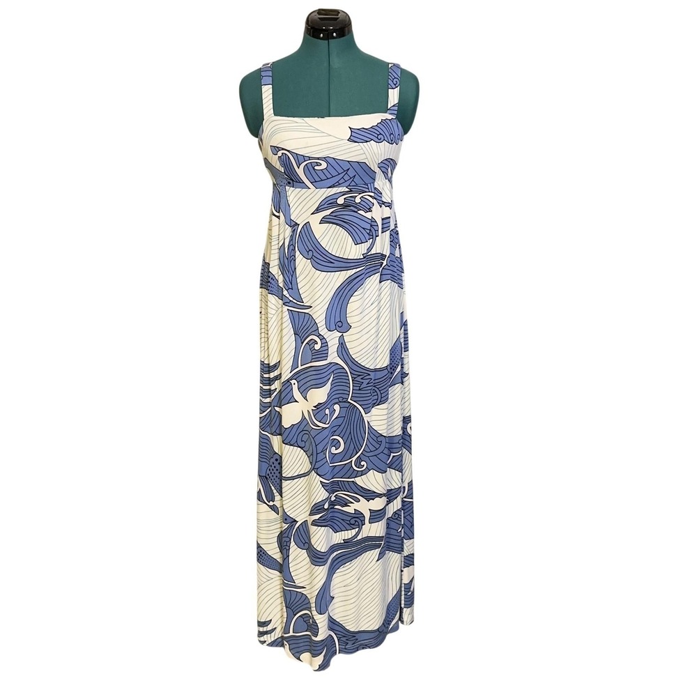 Tori Richard Dress Womens 2 Blue White Silk Maxi Square Neck Tropical Floral